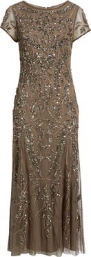 Pisarro Nights Beaded Mesh Midi Cocktail Dress