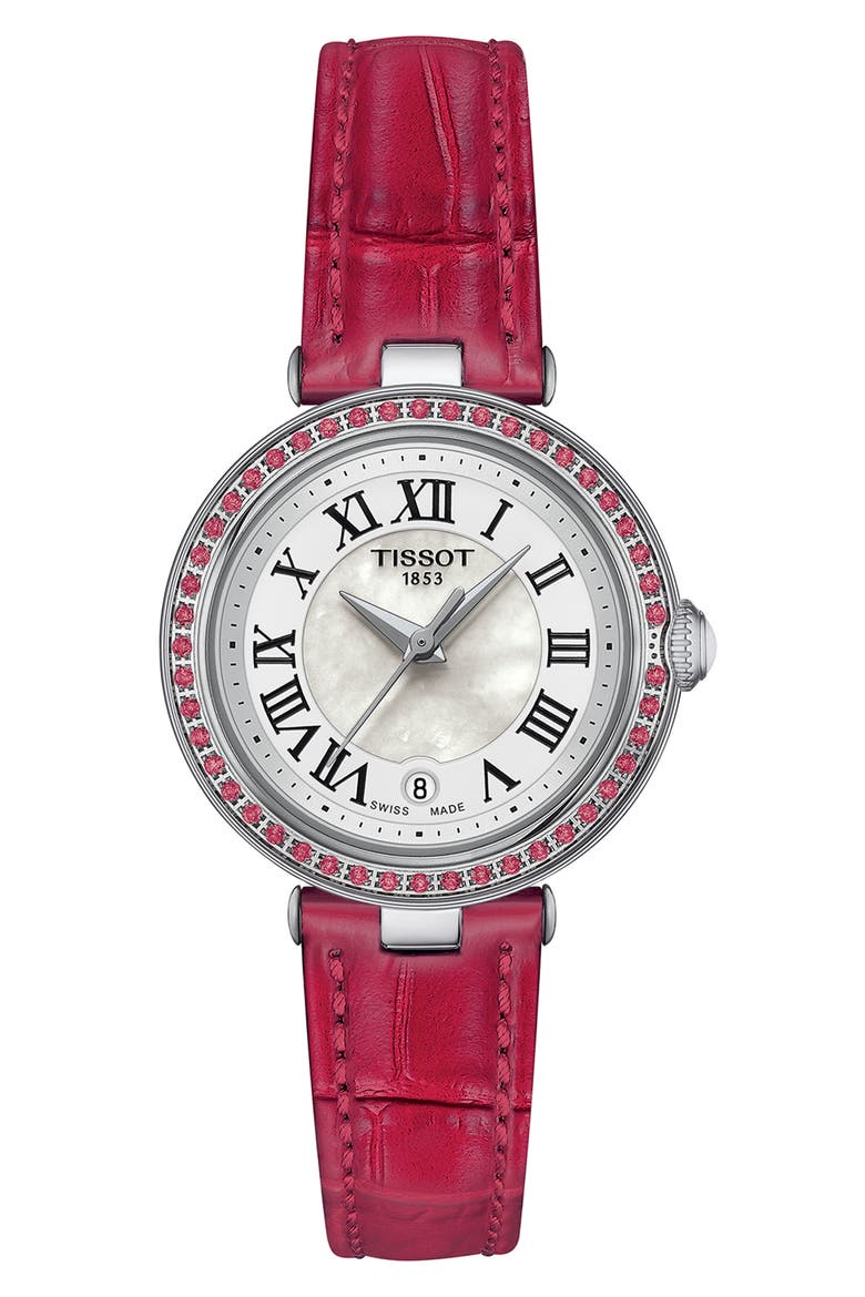 Bellissima Topaz Leather Strap Watch, 26mm, Main, color, PINK