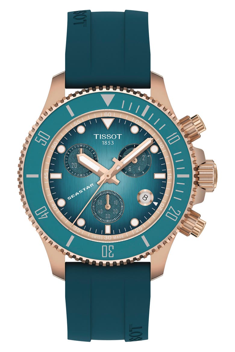 Seastar 1000 Chronograph Silicone Strap Watch, 38mm, Main, color, TURQUOISE