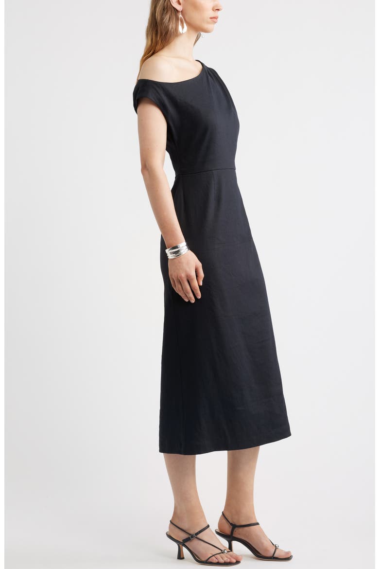 Floral Off the Shoulder Linen Blend Midi Dress, Alternate, color, BLACK