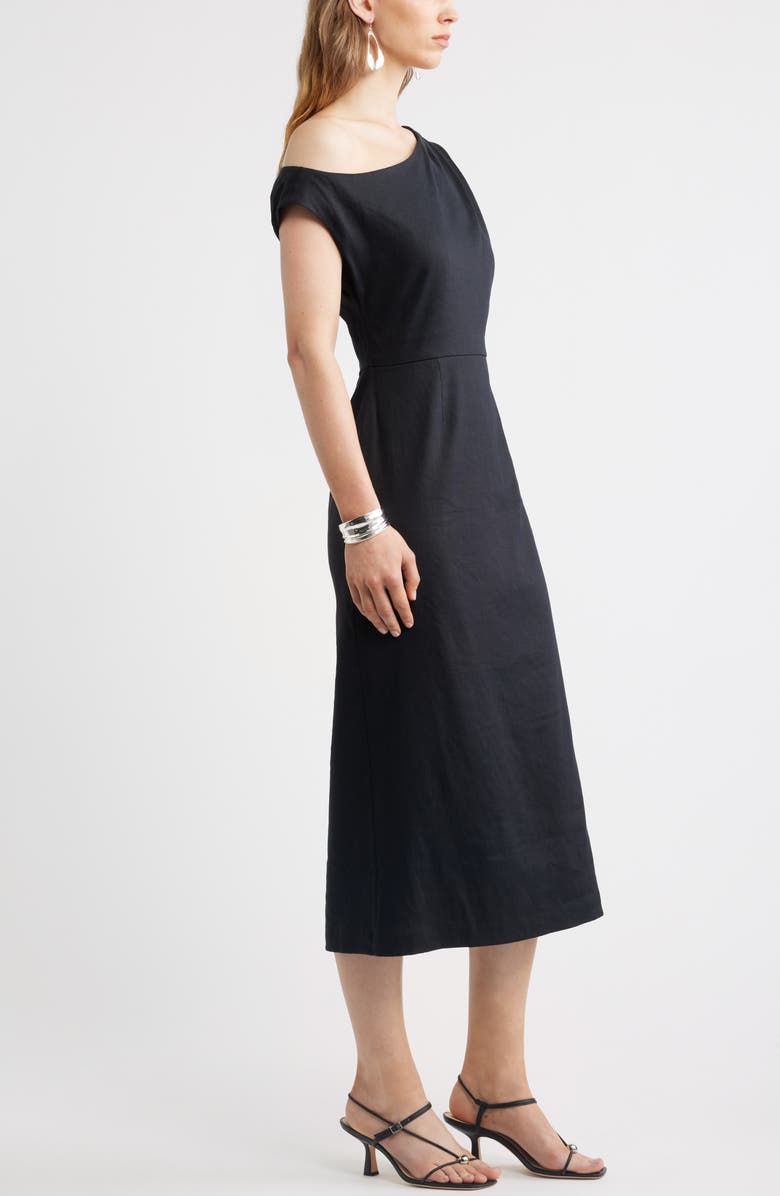 Nordstrom Floral Off the Shoulder Linen Blend Midi Dress, Alternate, color, Black