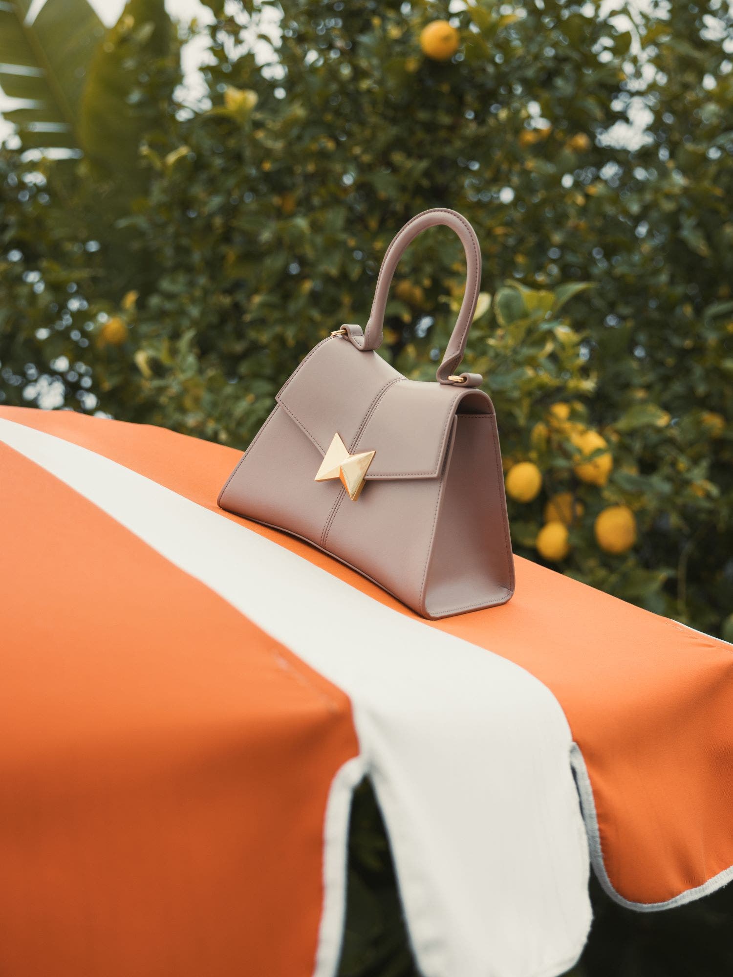 Mac Duggal Gold Hardware Detail Angular Top Handle Small Leather Handbag, Alternate, color, Taupe