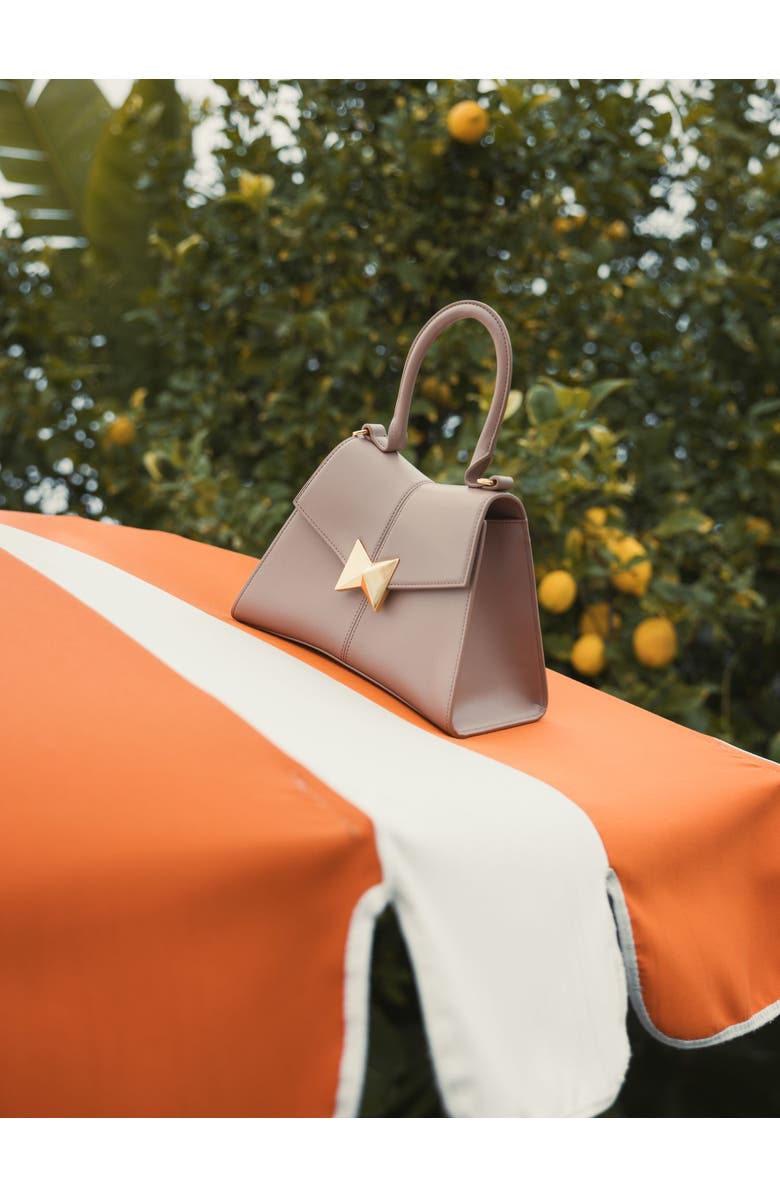 Mac Duggal Gold Hardware Detail Angular Top Handle Small Leather Handbag, Alternate, color, Taupe