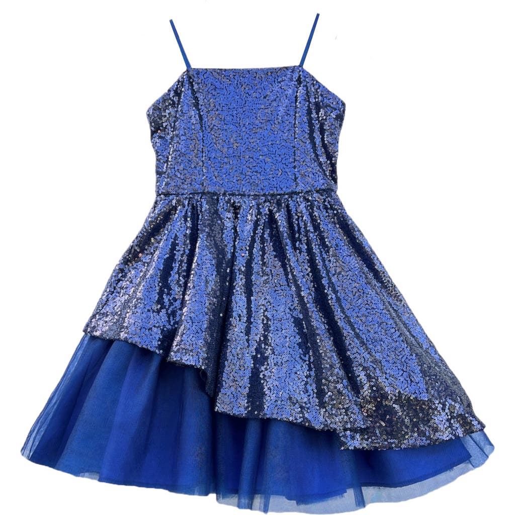 Un Deux Trois Girl's Sequined Peek-a-boo Tulle Dress In Navy
