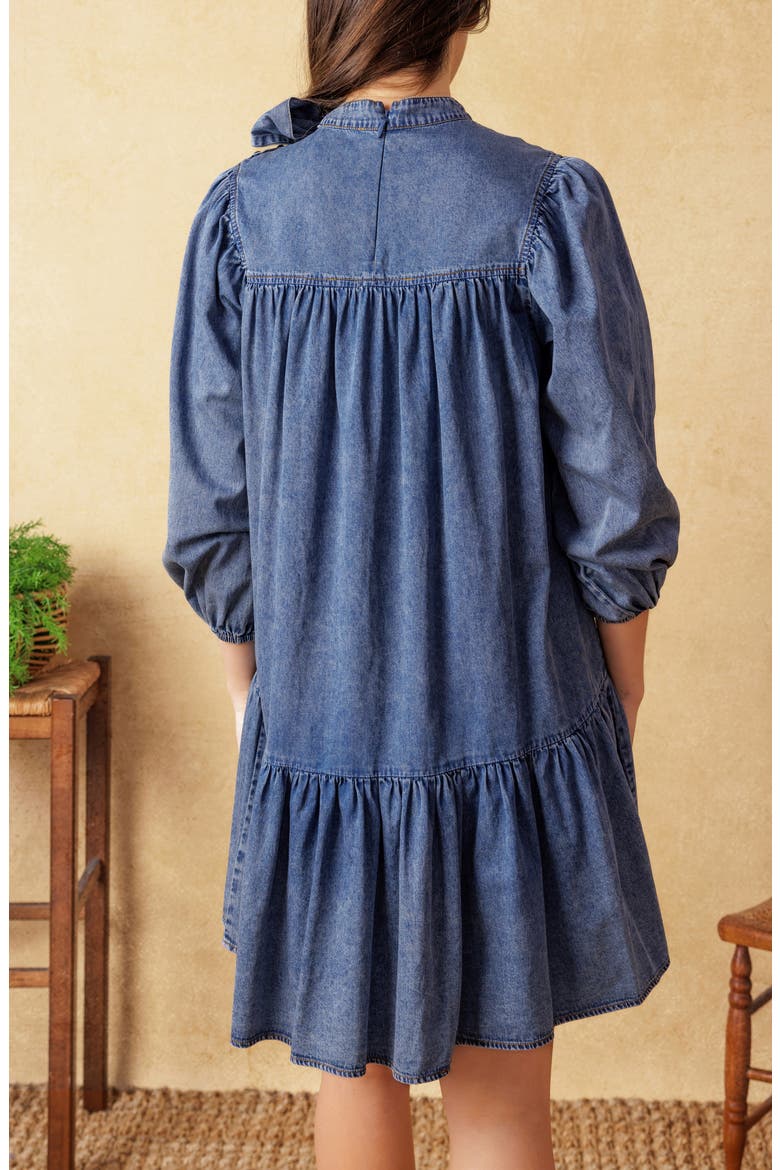 Tie Neck Balloon Sleeve Denim Trapeze Dress, Alternate, color, DARK INDIGO