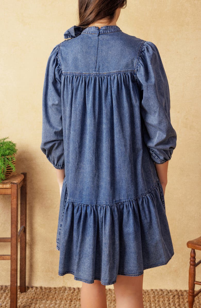 FLYING TOMATO Tie Neck Balloon Sleeve Denim Trapeze Dress, Alternate, color, Dark Indigo