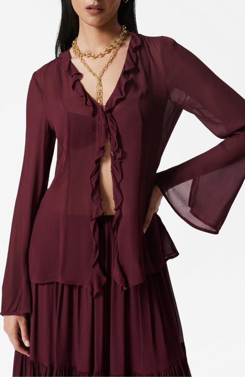 Ruffle Slit Front Semisheer Top