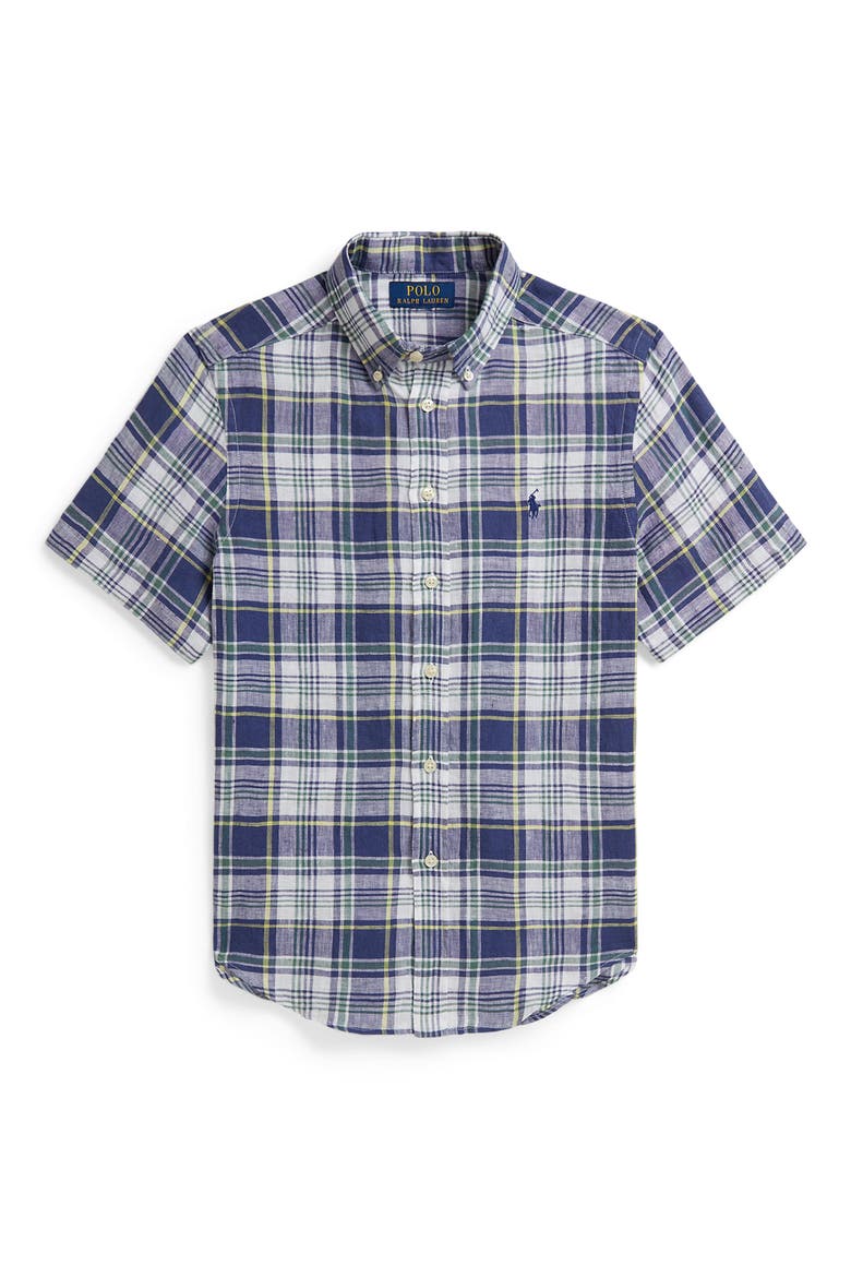 Kids' Plaid Short Sleeve Linen Button-Down Shirt, Main, color, WHITE FADED BLUE MULTI