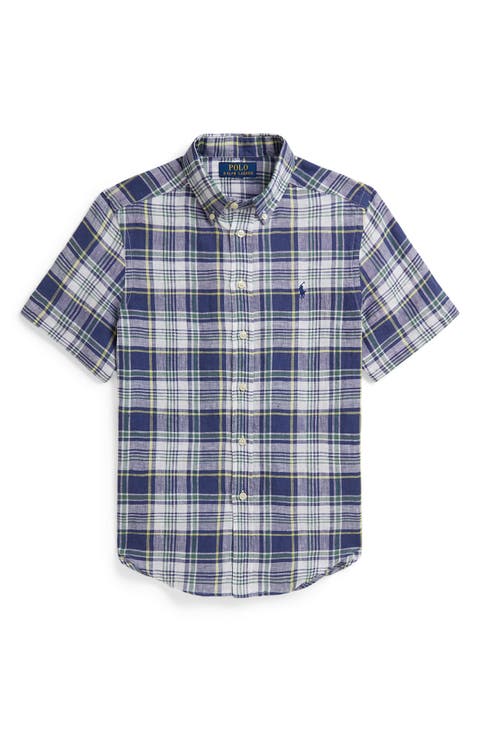 Kids' Plaid Short Sleeve Linen Button-Down Shirt (Big Kid)