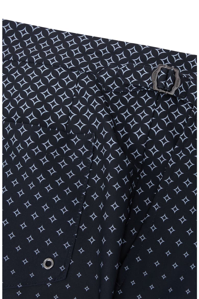 Darli Gradient Geo Print Side Adjuster Swim Trunks, Alternate, color, NAVY