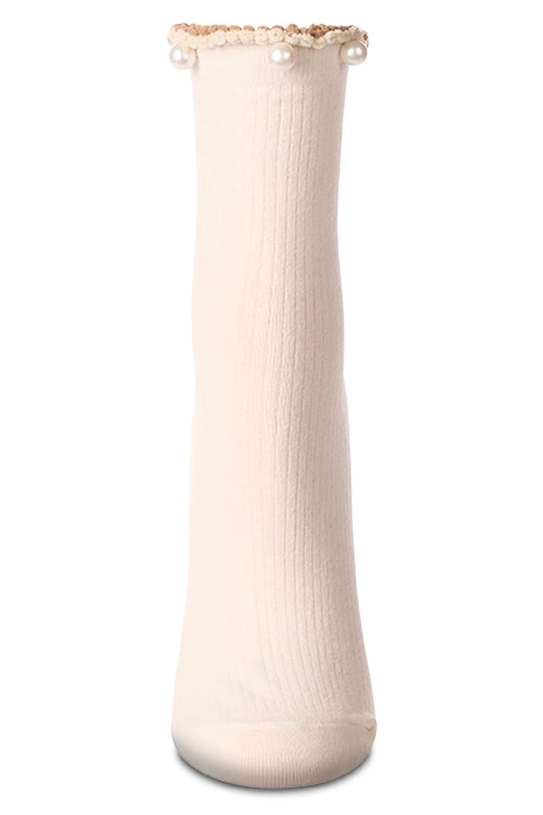 Faux Pearl Lettuce Edge Cotton Blend Crew Socks, Alternate, color, IVORY