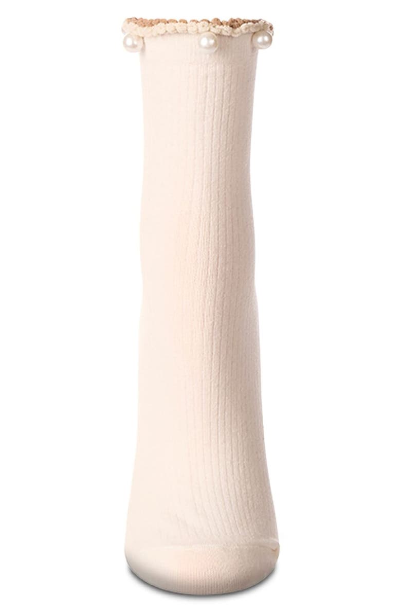 MeMoi Faux Pearl Lettuce Edge Cotton Blend Crew Socks, Alternate, color, Ivory