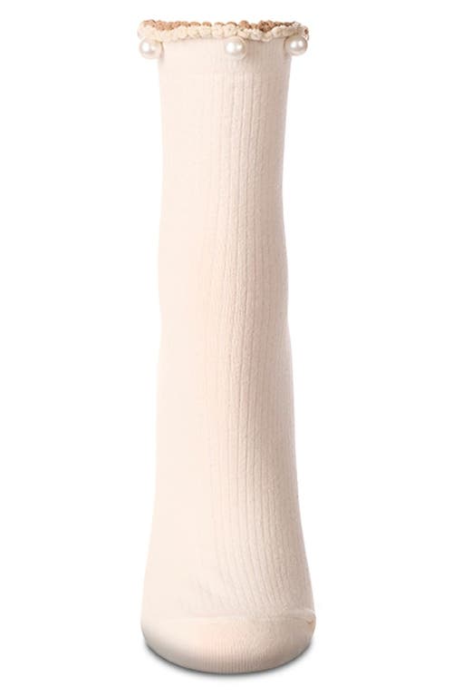 Memoi Faux Pearl Lettuce Edge Cotton Blend Crew Socks In White