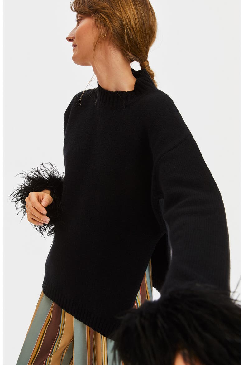 Agatha Feather Trim Wool & Cashmere Pajama Sweater, Alternate, color, BLACK