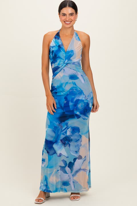 Floral Halter Mesh Maxi Dress