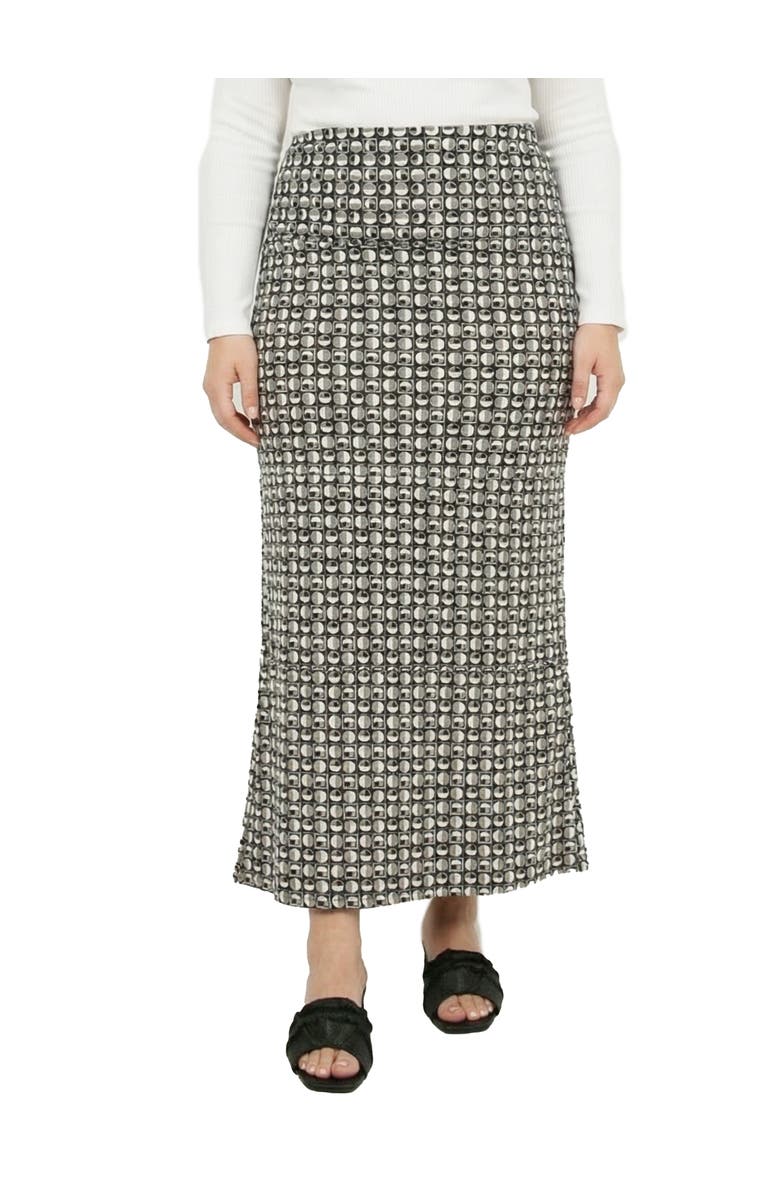 24seven Comfort Apparel Curvy Essential Geometric Print Foldover Waist Maxi Skirt, Main, color, Black Multi