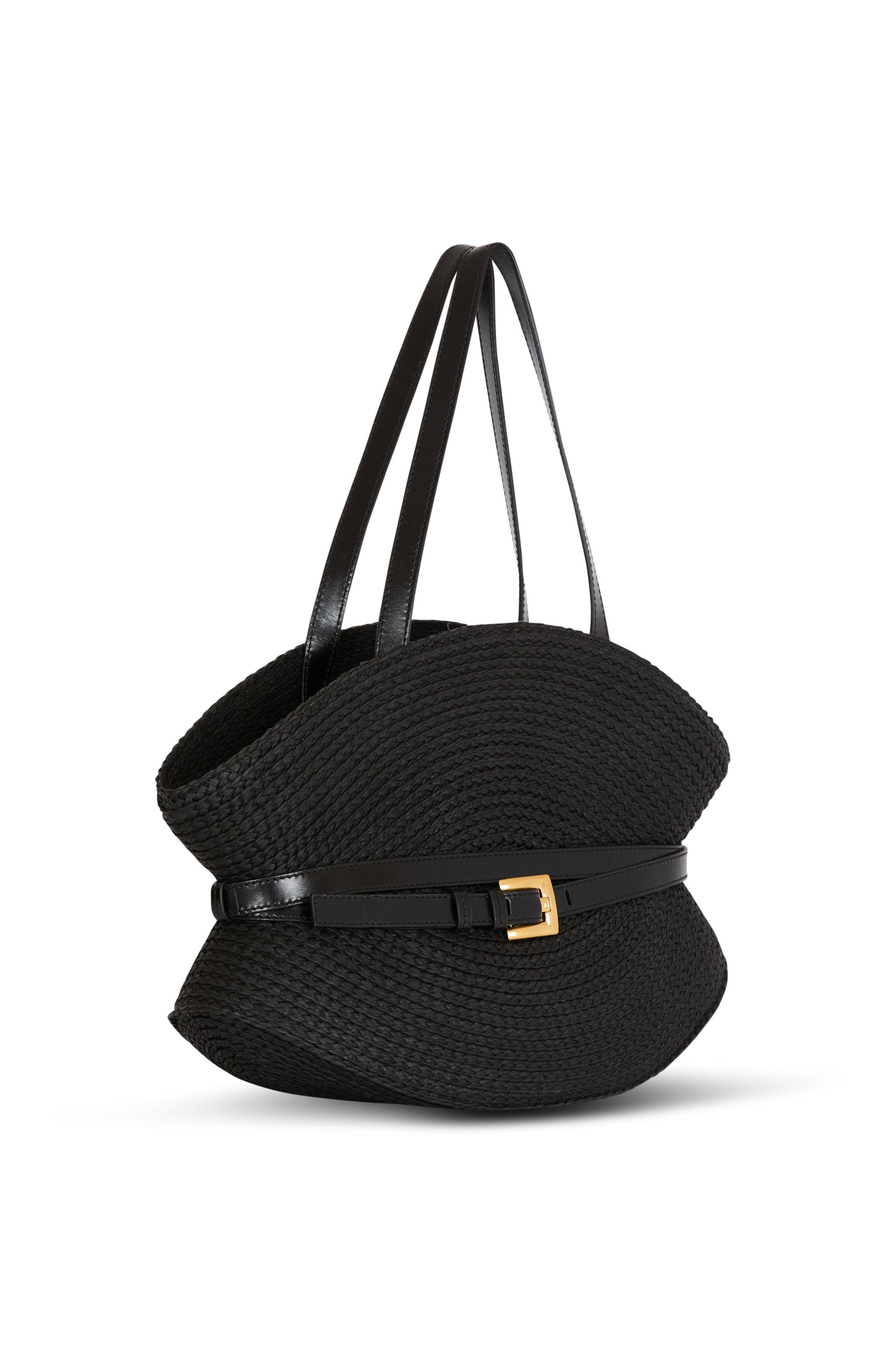 Balmain Shuffle Medium bag in calfskin leather and raffia, Alternate, color, Black