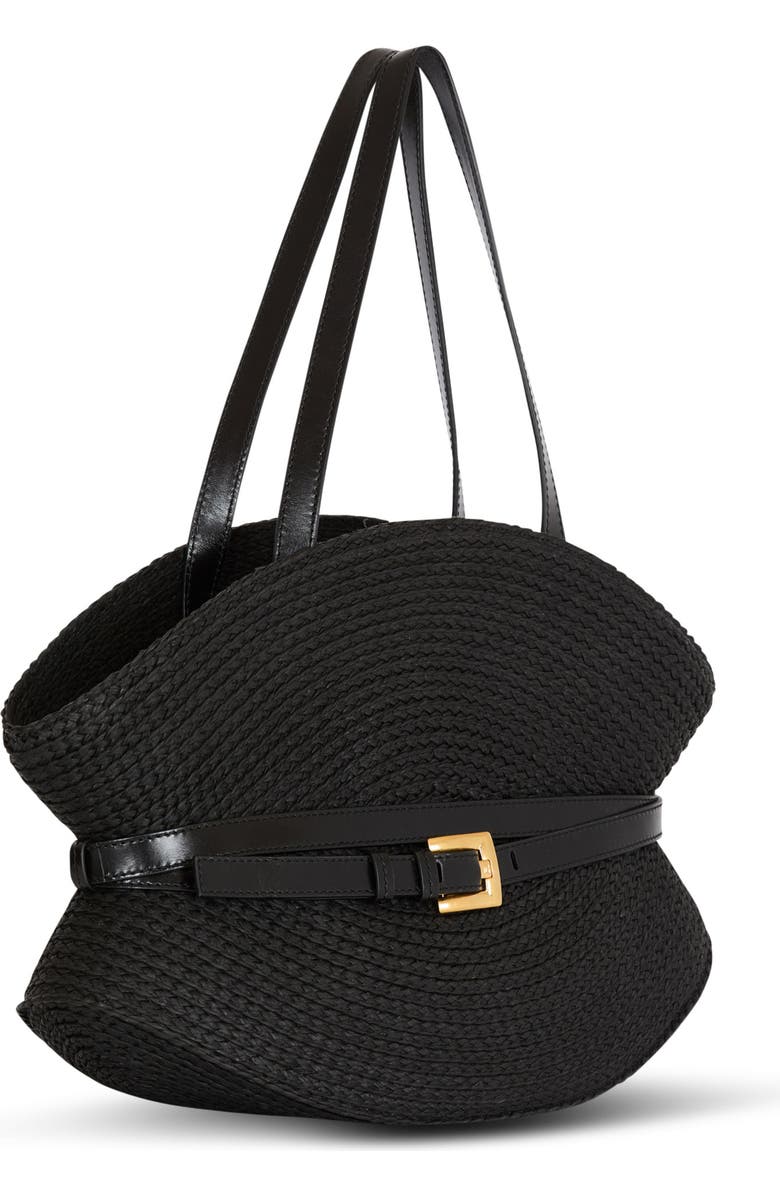 Balmain Shuffle Medium bag in calfskin leather and raffia, Alternate, color, Black