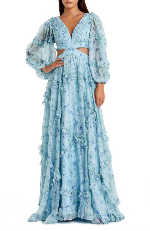 Floral Chiffon Ruffle Gown with Plunging Neckline & Cutout Back