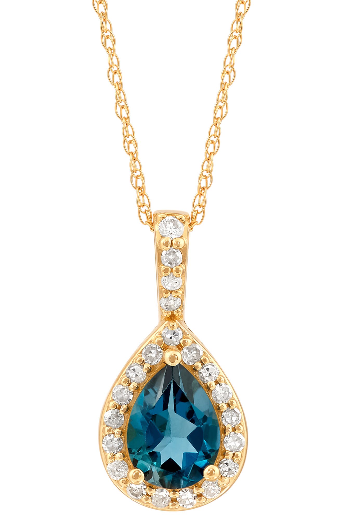 Frankie & Zoe 10K Yellow Gold Pear Cut London Blue Topaz & Diamond Halo Pendant Necklace