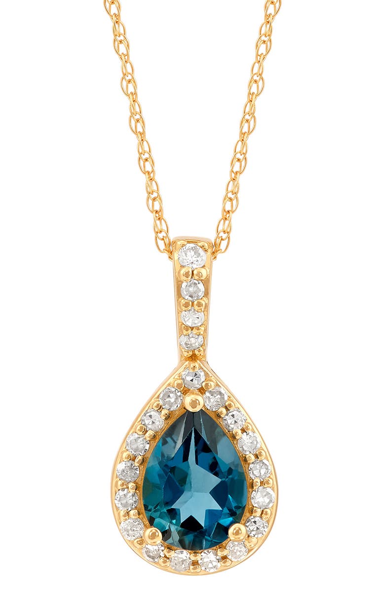 Frankie & Zoe 10K Yellow Gold Pear Cut London Blue Topaz & Diamond Halo Pendant Necklace, Main, color, Blue/ Yellow Gold