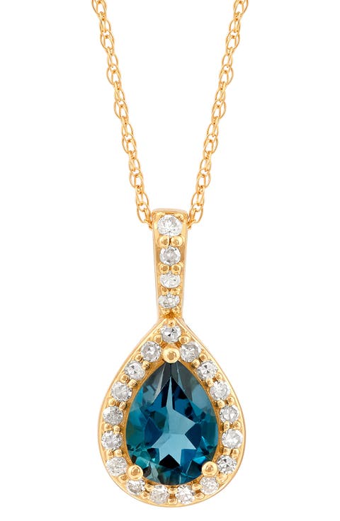 10K Yellow Gold Pear Cut London Blue Topaz & Diamond Halo Pendant Necklace