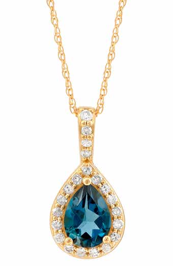 Frankie & Zoe 10K Yellow Gold Pear Cut London Blue Topaz & Diamond Halo Pendant Necklace