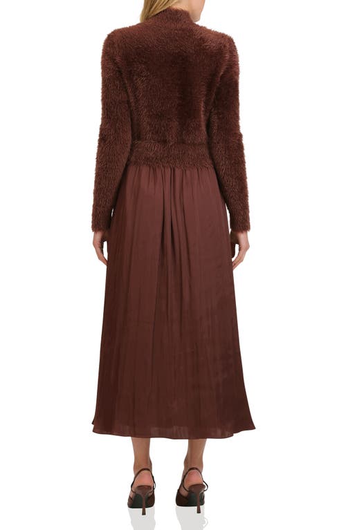 Avec Les Filles Long Sleeve Mixed Media Maxi Dress In Brown