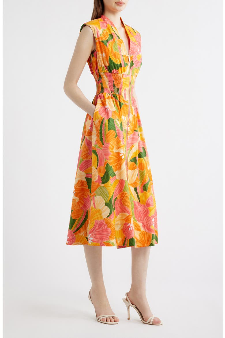 Abstract Floral Cotton Midi Dress, Alternate, color, ORANGE/ PINK MULTI