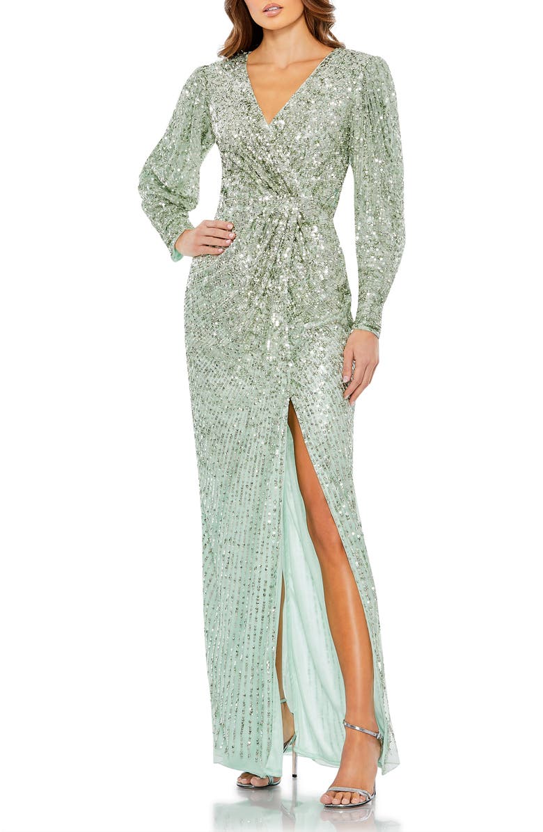 Mac Duggal Sequin Embellished Faux Wrap Puff Sleeve Gown, Main, color, 