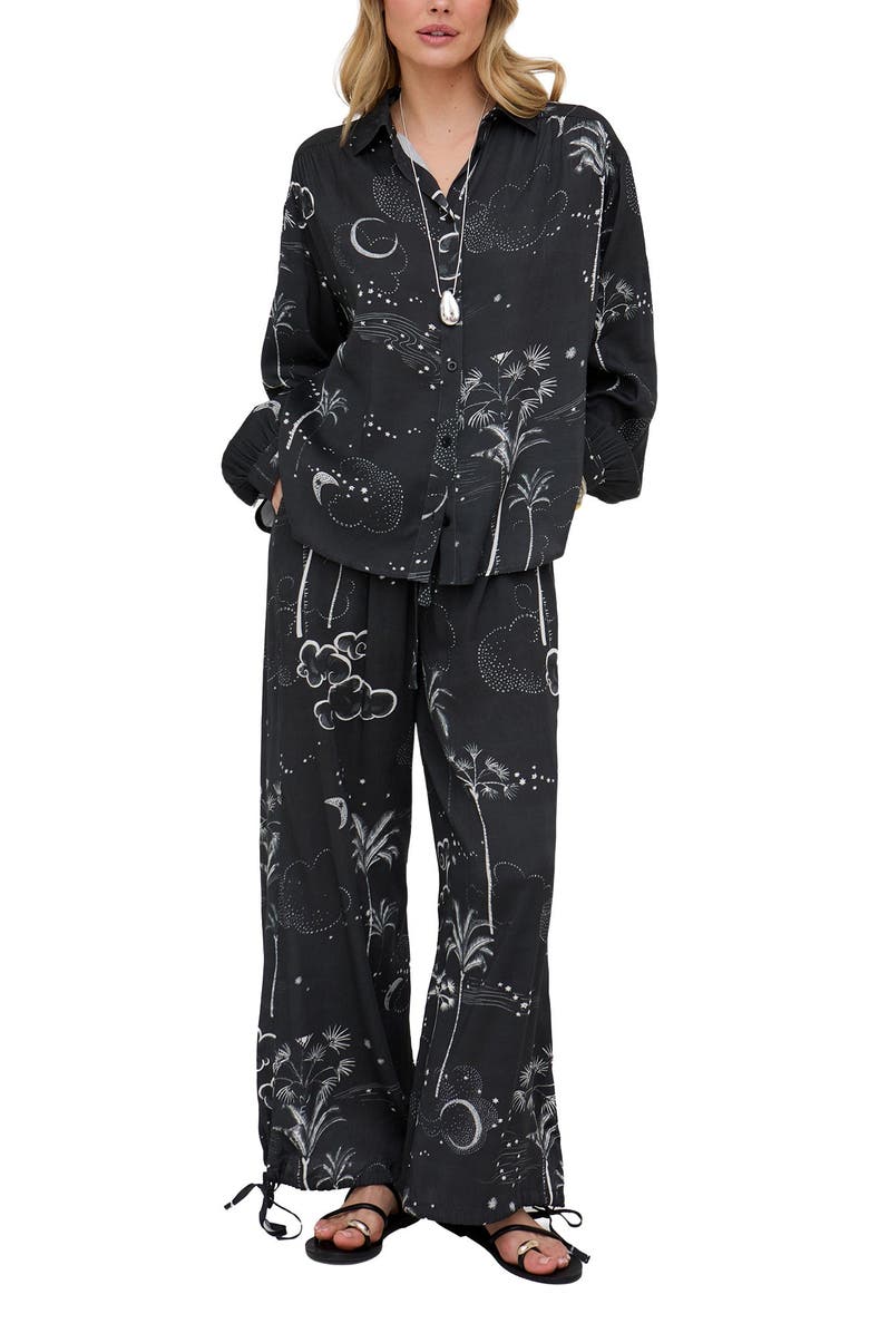 Raffya Palm Button Down Palm Print Shirt, Alternate, color, Black