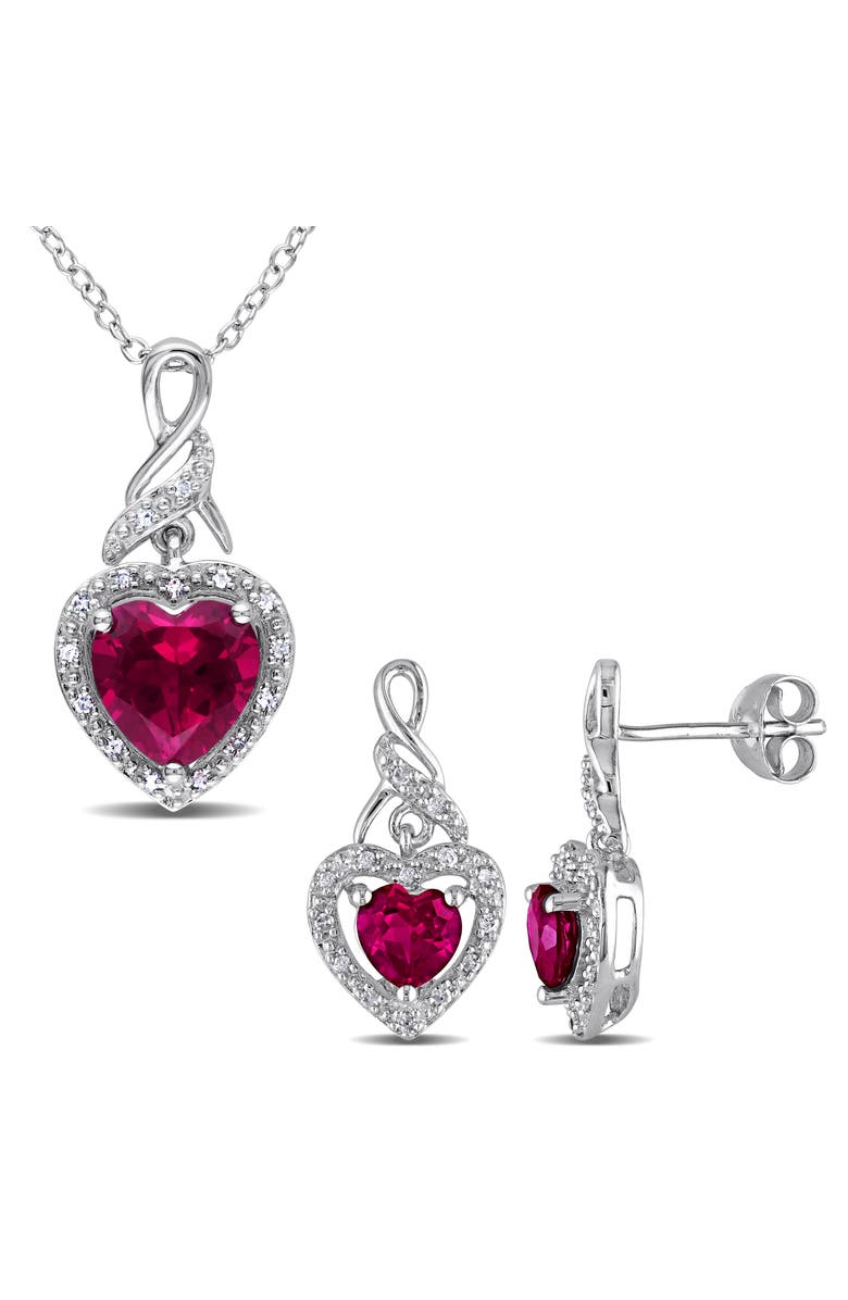 DELMAR Sterling Silver Lab Grown Ruby Heart & Diamond Necklace & Earrings Set, Main, color, Red