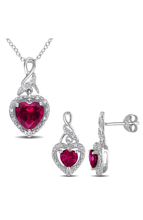 Sterling Silver Lab Grown Ruby Heart & Diamond Necklace & Earrings Set