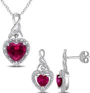 DELMAR Sterling Silver Lab Grown Ruby Heart & Diamond Necklace & Earrings Set