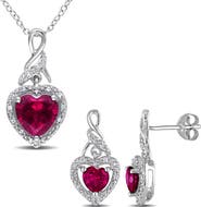 DELMAR Sterling Silver Lab Grown Ruby Heart & Diamond Necklace & Earrings Set