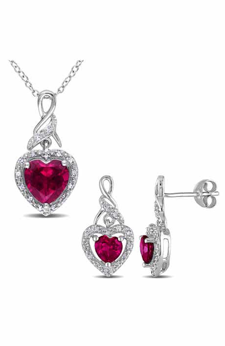 DELMAR Sterling Silver Lab Grown Ruby Heart & Diamond Necklace & Earrings Set