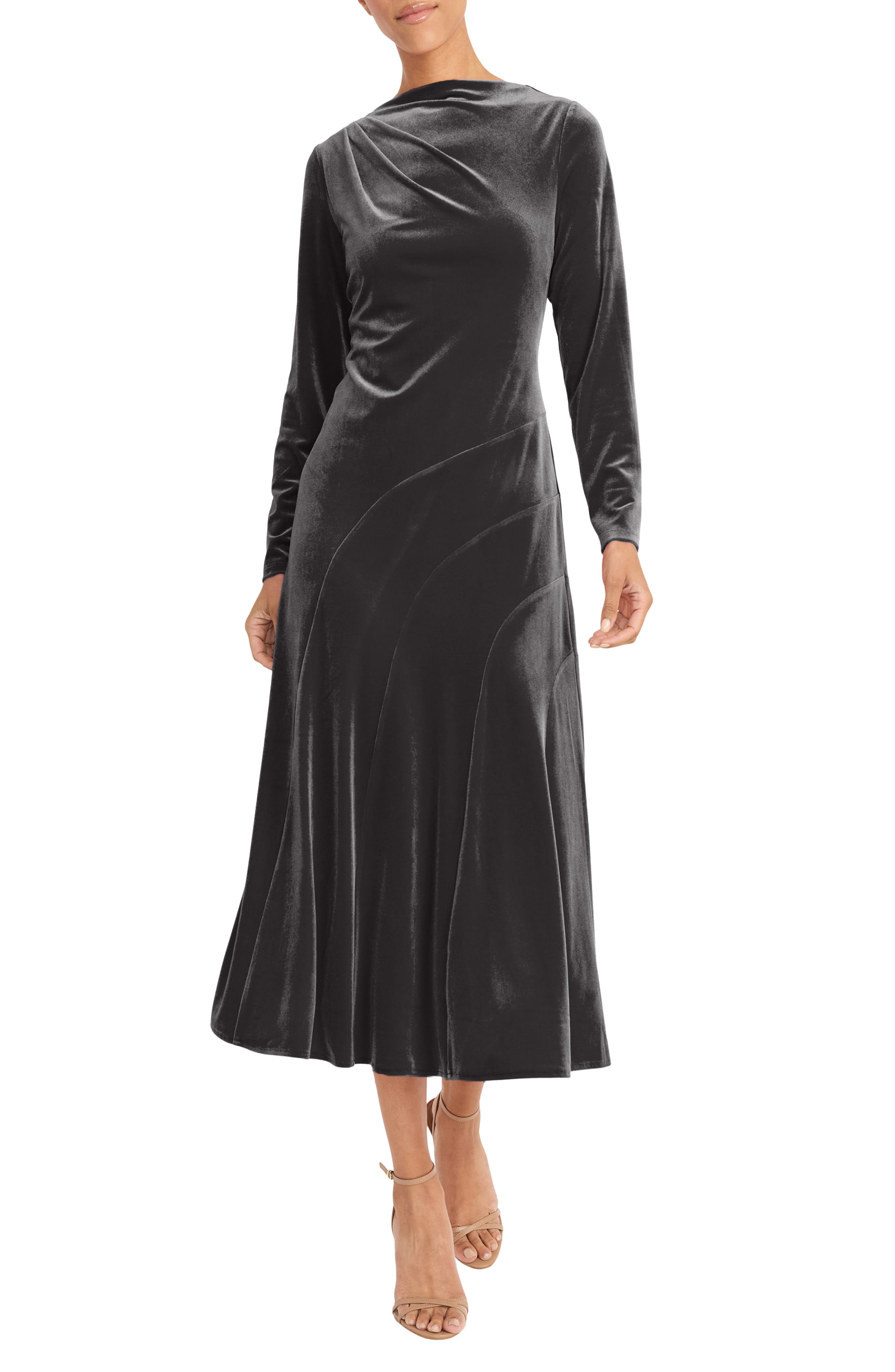 Maggy London Long Sleeve Velvet A-Line Midi Dress