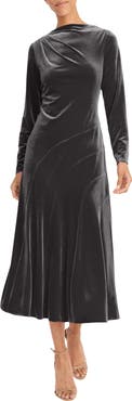 Maggy London Long Sleeve Velvet A-Line Midi Dress