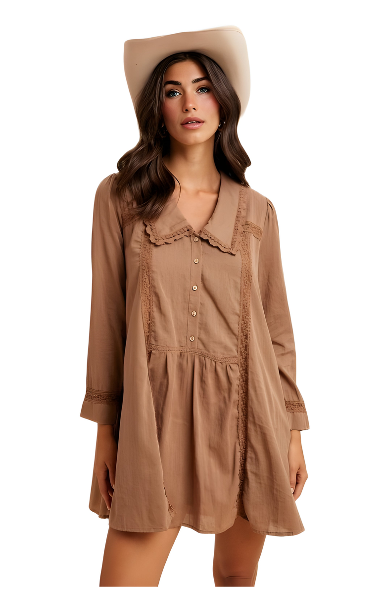 Knit and Lounge Long Sleeve Button-Front Babydoll Dress with Crochet Trim, Main, color, 