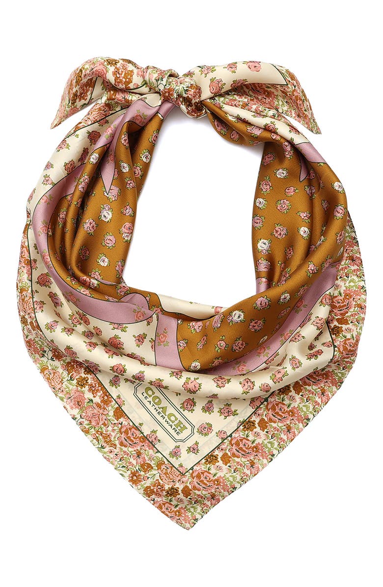 COACH Tea Rose Multi Floral Print Silk Square Scarf, Alternate, color, Honey Brown