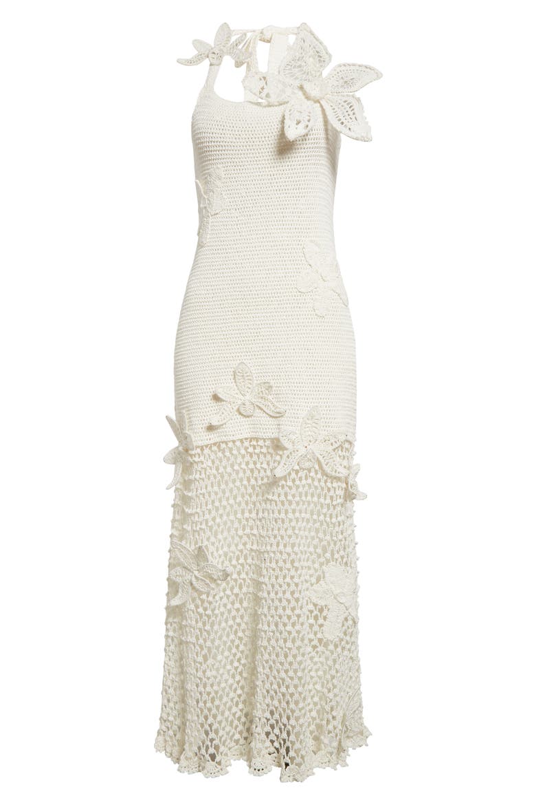 Orchid Motif Halter Neck Crochet Midi Dress, Alternate, color, IVORY