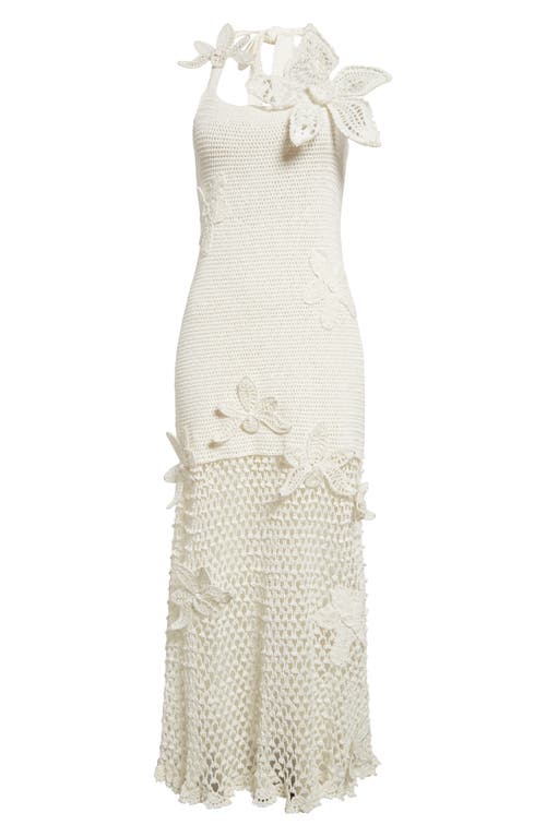 Shop Oscar De La Renta Orchid Motif Halter Neck Crochet Midi Dress In Ivory