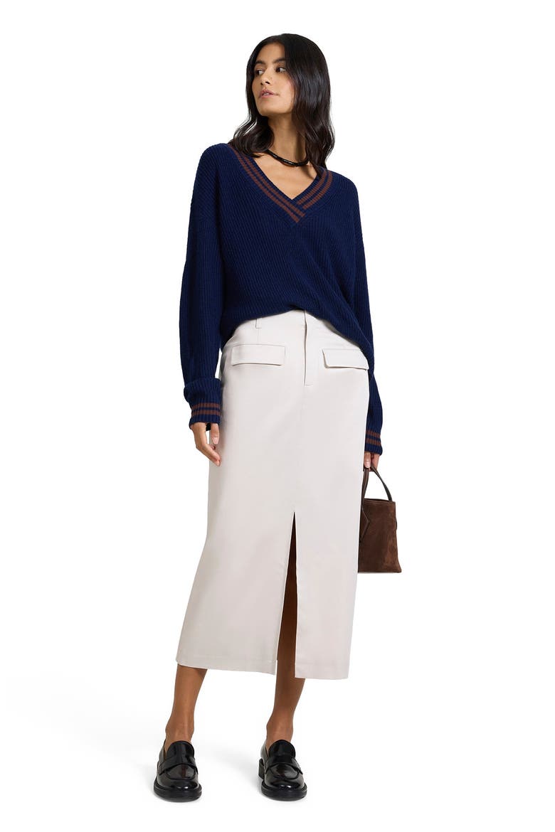 Deep V-neck Varsity Pullover Sweater, Main, color, NOIR NAVY/CHESTNUT