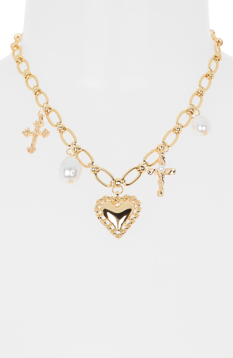 NORDSTROM RACK Heart Faux Pearl Charm Necklace, Alternate, color, White- Gold