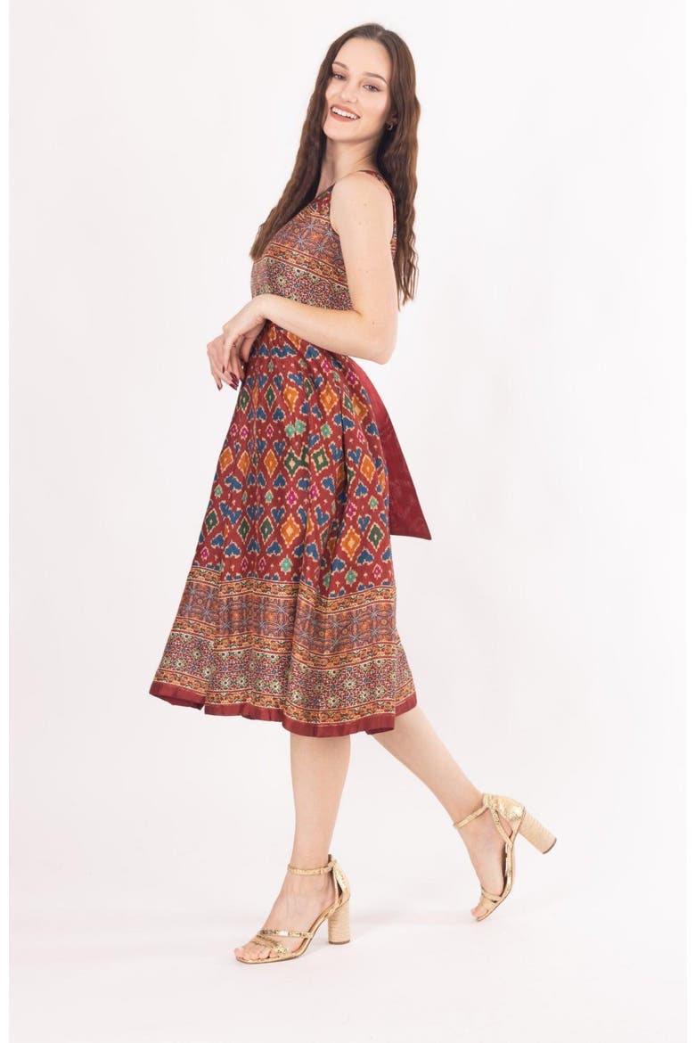 Russet Ajrakh Print Midi Dress, Alternate, color, Maroon