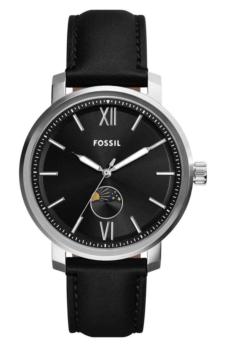 Fossil Rhett Leather Strap Multifunction Watch, 43mm, Main, color, Silver