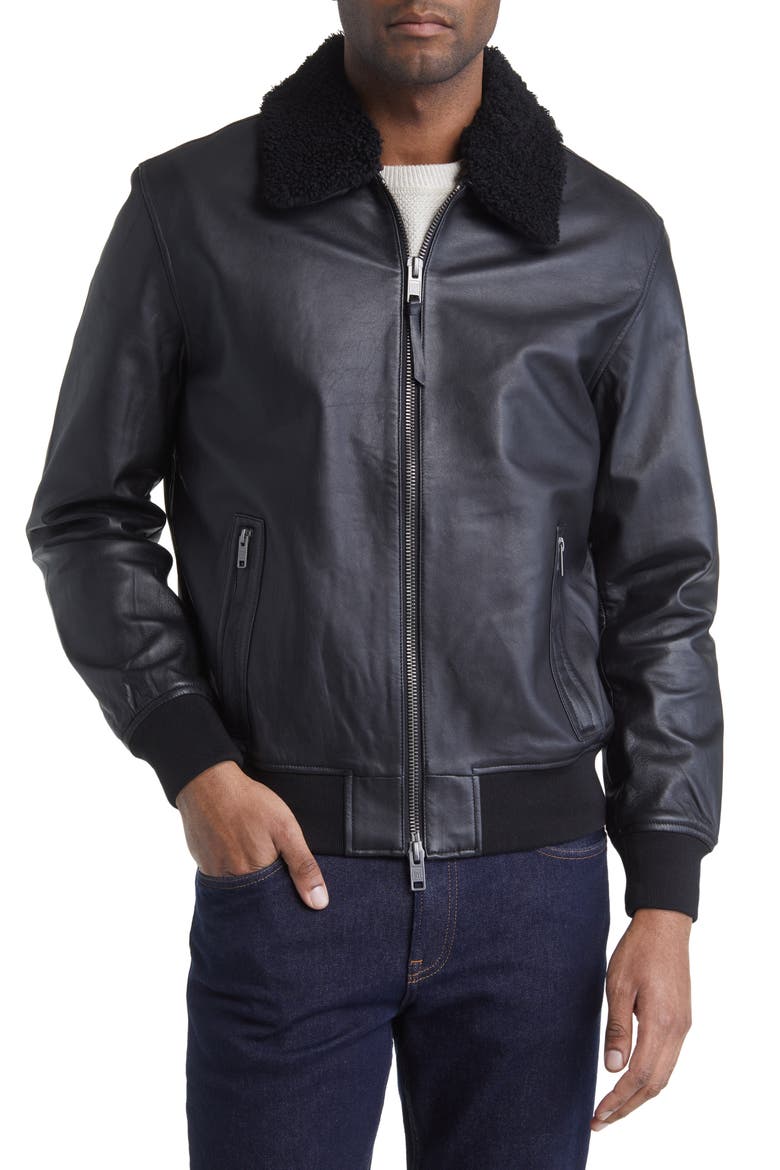 Leather Bomber Jacket with Removable Faux Shearling Collar, Alternate, color, BLACK