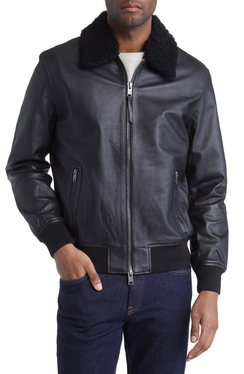 Frye Leather Bomber Jacket with Removable Faux Shearling Collar, Alternate, color, Black