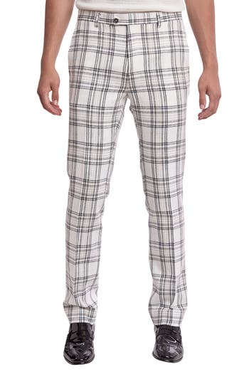 Paisley & Gray Downing Slim Flat Front Plaid Cotton Blend Dress Pants In White