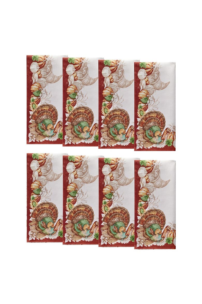 Holiday Turkey Bordered Fall Napkins Set of 8 Multicolor - 17"W x 17"L, Main, color, Multicolor